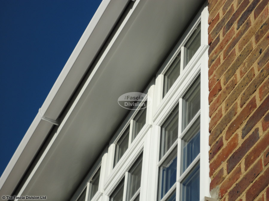 New UPVC flat soffit with square UPVC guttering installation New UPVC flat soffit with square UPVC guttering installation