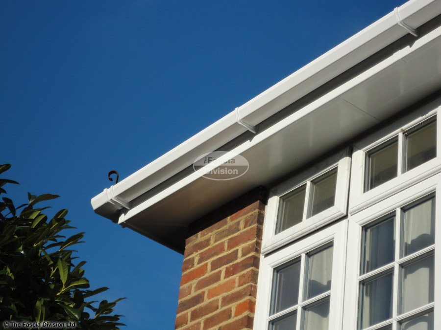 View from the ground of new UPVC fascia, soffit and guttering View from the ground of new UPVC fascia, soffit and guttering