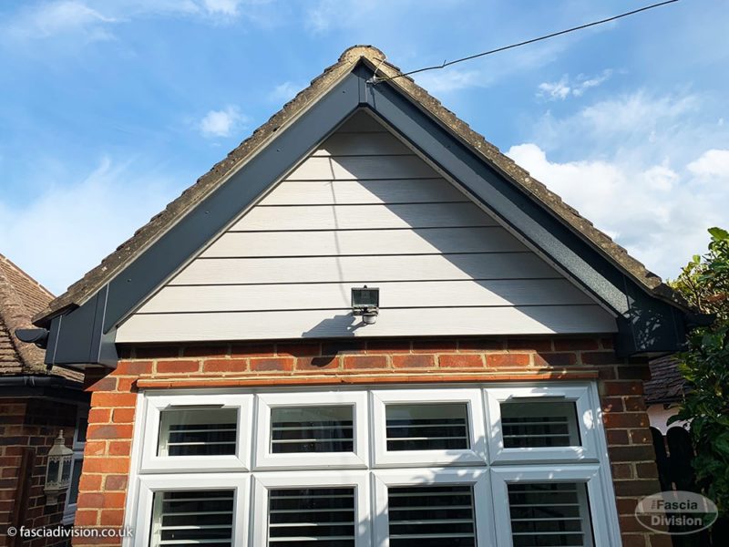 weatherboard cladding with anthracite fascia and guttering