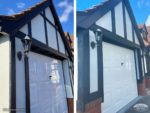 Before and after installation of mock Tudor boards on the garage