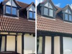 Before and after installation of mock Tudor boards on dormer windows