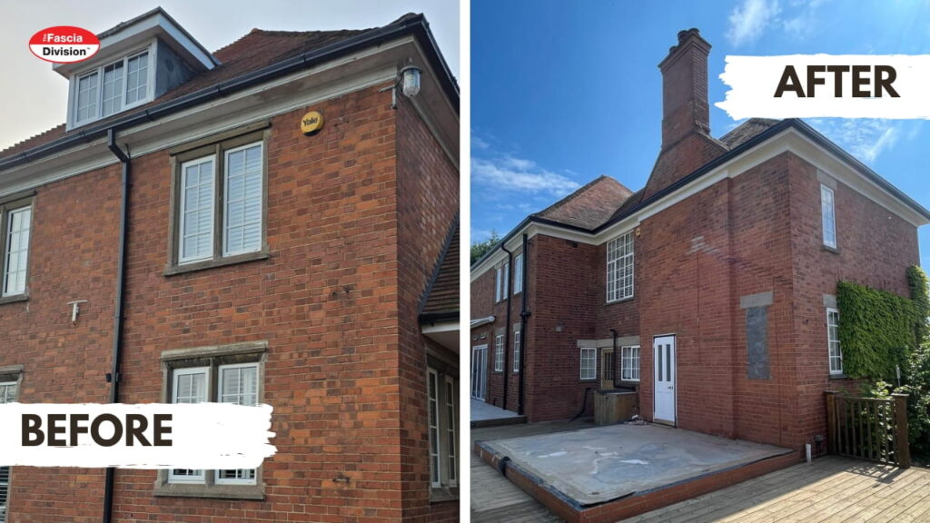 Before and after Full Roofline Replacement & Bespoke Feature Restoration installation in Bedford