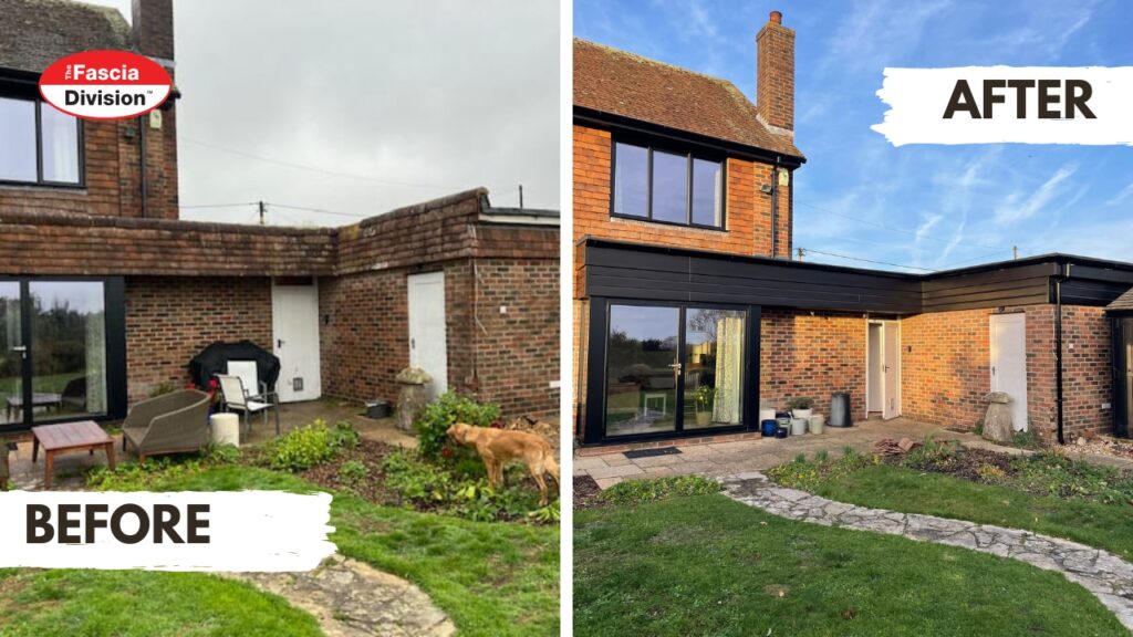Before and after Flat Roof Replacement & Cladding Modernisation installation in Fordingbridge, Hampshire
